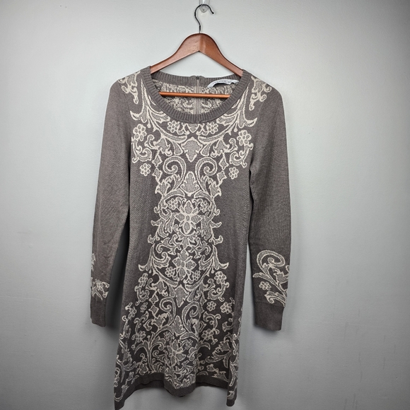 Athleta Duluth Jacquard Print Cozy Knit Sweater Dress Gray Tan Womens Size M - Picture 1 of 16